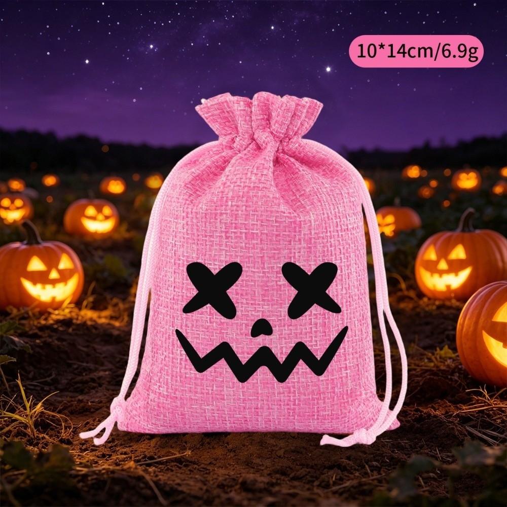 5Pcs Reusable Halloween Candy Bags Linen Halloween Gift Bags Spooky Face Pouches Trick or Treat