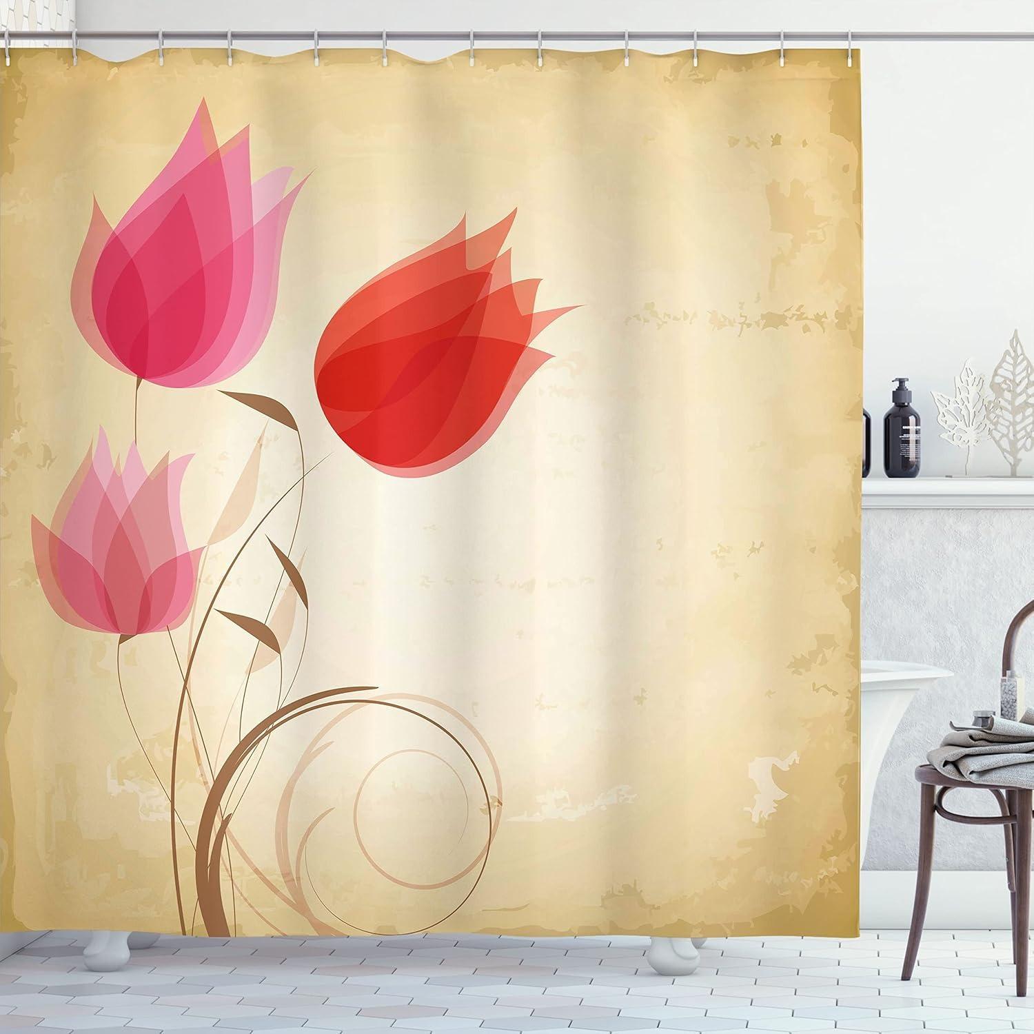 Ambesonne Floral Shower Curtain - Tulips Flourishing Design, Nature Beauty Theme, Sand Brown Red Pink, Includes 12 Hooks W90xH180cm
