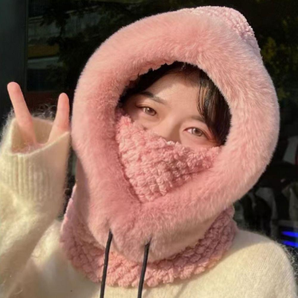 Thickened Beanies Cap Plush Ear Protection Hat Fashion Integrated Scarf Hat Set  Outdoor
