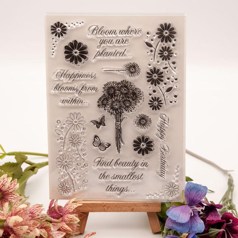 Greeting Word Pattern Silicone Stamp for Card Making, Flower Silicone Stamp for Scrapbooking Journal Planner Album