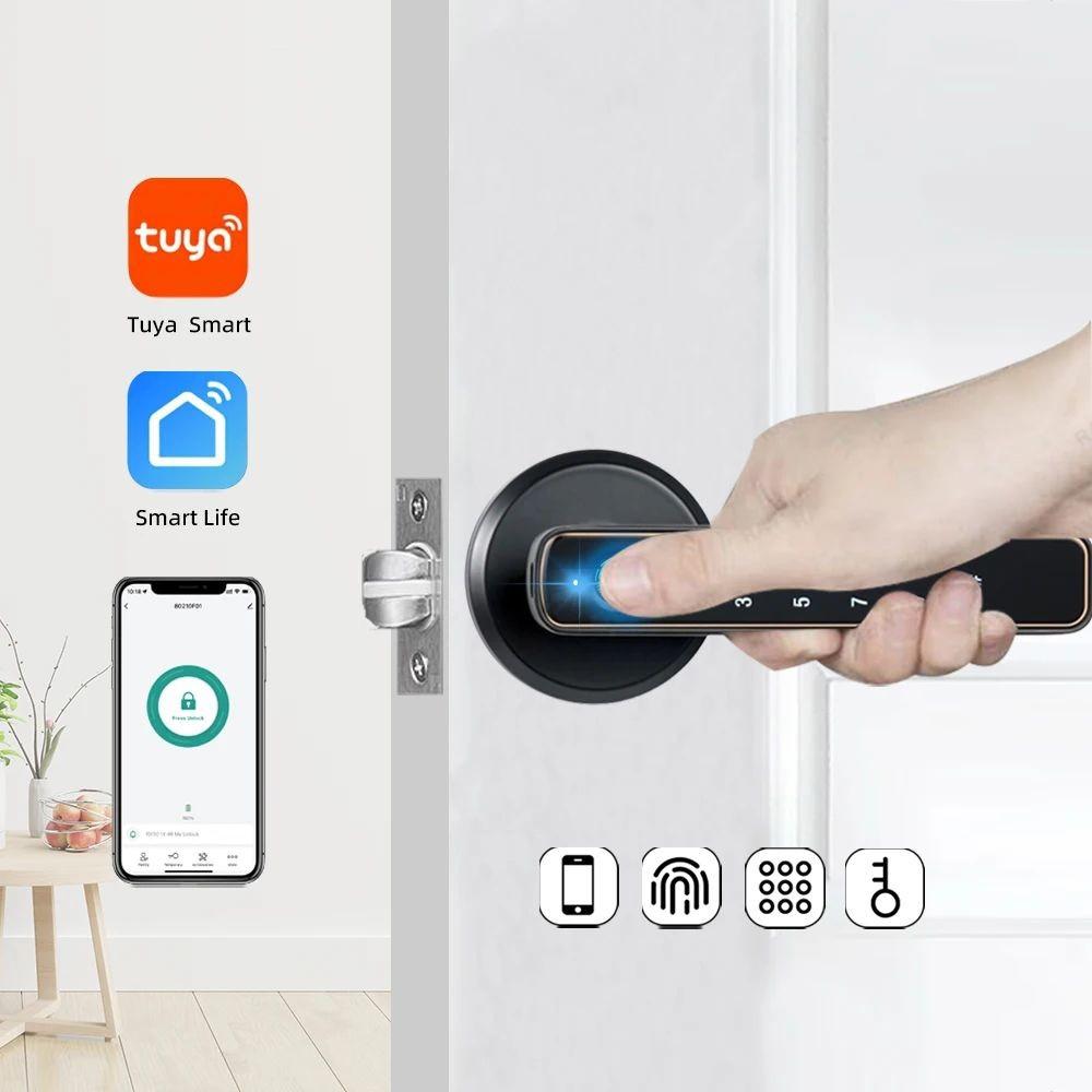 5-in-1 Digital Fingerprint Door Lock Smart Door Handle Lock Bedroom APP Remote Unlock Electronic Lock APP+Password+Fingerprint