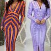New European And American Printed V-Neck Bubble Long-Sleeved Tight-Fitting Hip-Wrapped Waist Slit Dress