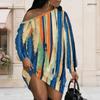 Women Plus Size Off Shoulder Long Sleeve Abstract Print Blue Pink White Tunic Dress