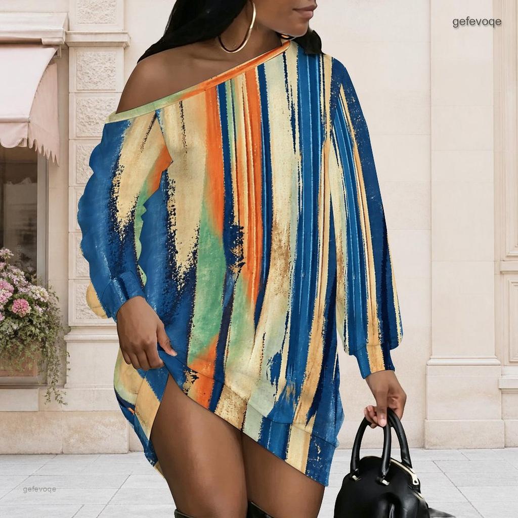 Women Plus Size Off Shoulder Long Sleeve Abstract Print Blue Pink White Tunic Dress
