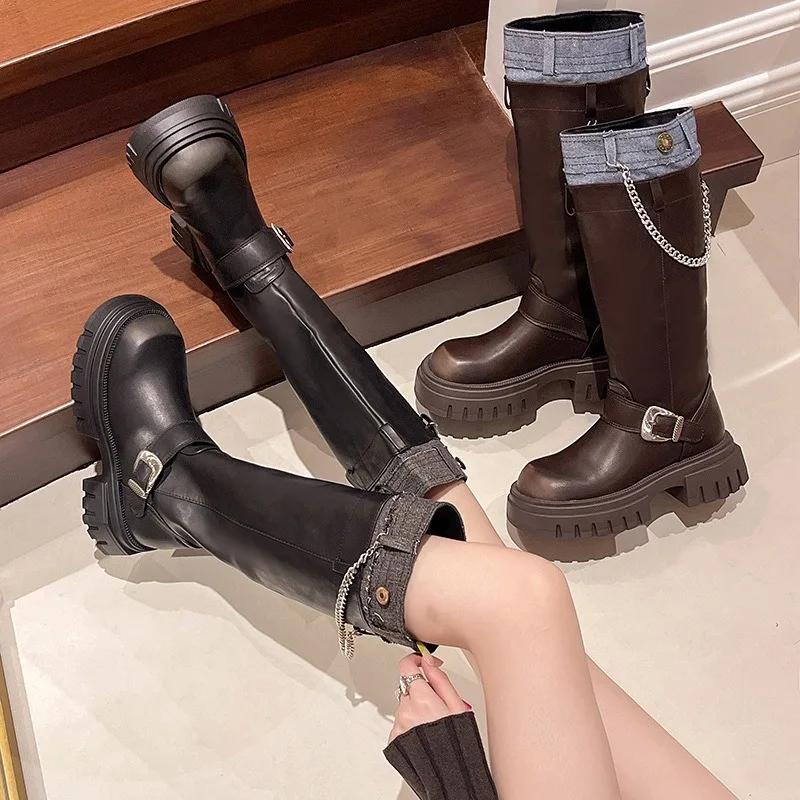 2024Platform Belt Buckle But Knee High Boots Woman Autumn Thick Heel Western Cowboy Knight Botas Patchwork Versatile Women Shoes