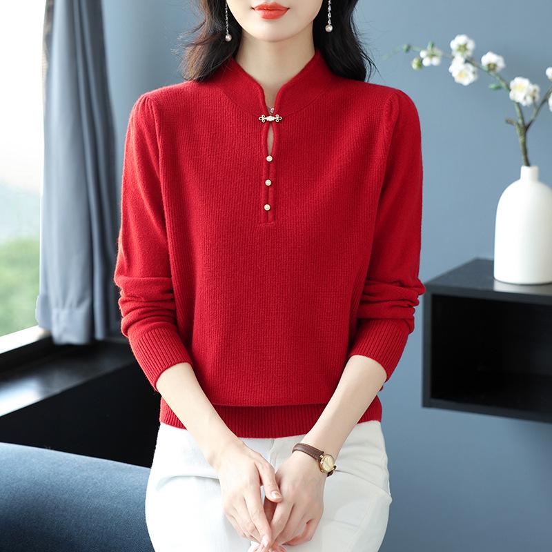 Women's Pure Wool Stand Collar Sweater - Autumn/Winter Loose Slimming Knit Cheongsam Base Layer