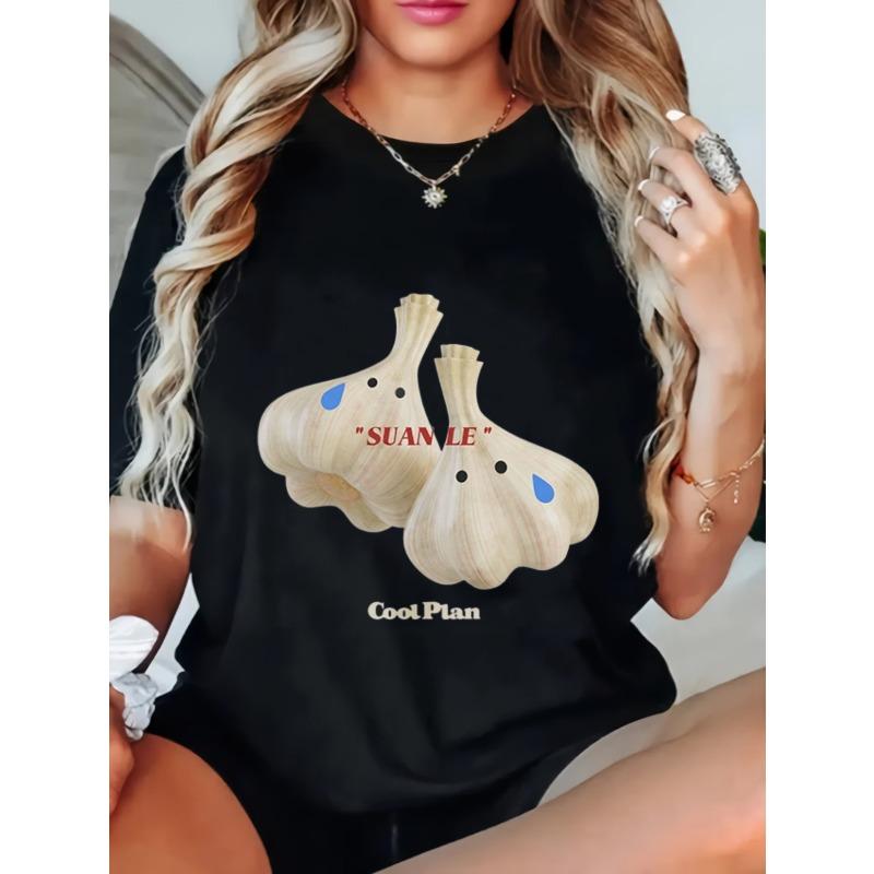 

Black Short-Sleeve T-Shirt with Funny Suan Le Homophonic Garlic Print - Loose-Fitting, Slim-Fitting Trendy Chinese-Style Top XXXXL чёрный