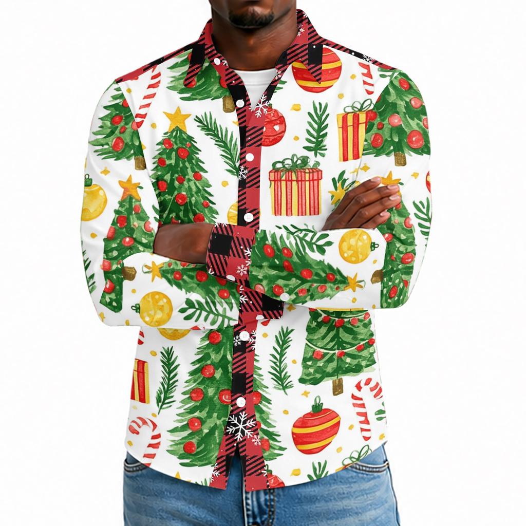 Men's Casual Long Sleeve Shirt with Christmas Print for Holiday Party and Fall