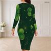 Women Plus Size Round Neck Long Sleeve Dark Green Clover Printed Bodycon Midi Dress