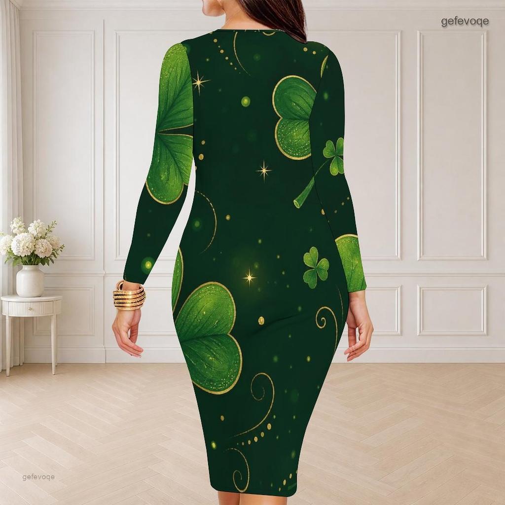Women Plus Size Round Neck Long Sleeve Dark Green Clover Printed Bodycon Midi Dress