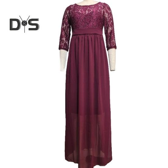 Těhotné ženy šaty s krajkou vyhloubená květinová výšivka s kulatým výstřihem, dlouhým rukávem, plisované maxi šaty na svatební párty rekvizita na focení