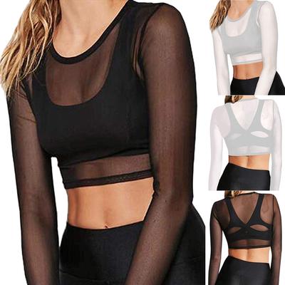 Women's Sexy Sheer Mesh Long Sleeve Crop Top Sexy Tee Blouse Tops