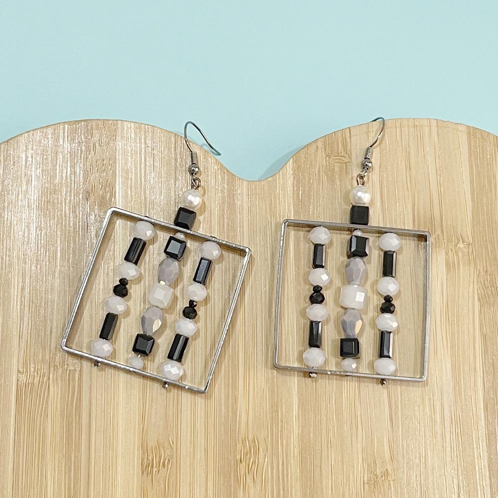 Women's French Design Square Beaded Earrings: Four Seasons Style with Hollowed-Out Mixed-Color Glass.