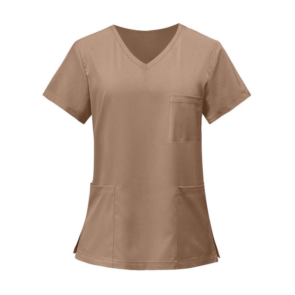 Moda Donna T-shirt Manica Corta Solida Scollo a V Motivo Tasca Lavoro