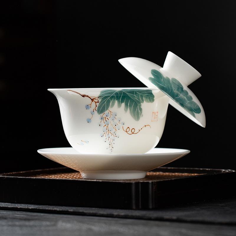 Hand-Painted White Porcelain Cover Bowl Teacup Single High-Grade Ceramic Sancai Tea Bowl With Cover Large Non-Hot Kung Fu Tea Set