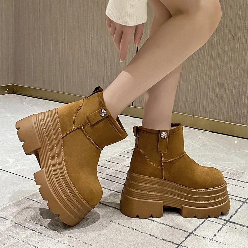 Fashion 10CM Women Snow Boots Non-slip Winter Warm Plush Short Boots Thick Fur High Platform Ankle Boots Suede Leather Chunky Sneakers