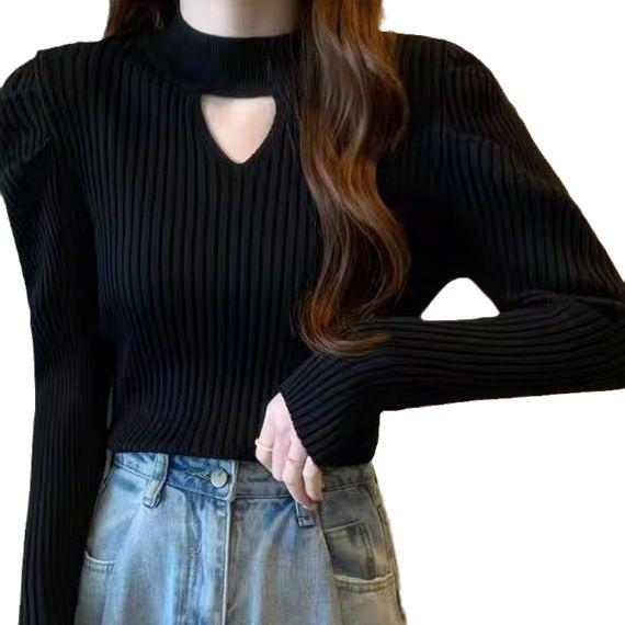 Spring and Autumn Women's Knitted Bottoming Shirt Hollow V-neck Long-sleeved Sweater Sexy Solid Color Bottoming Versatile Knitwear Inner Tops