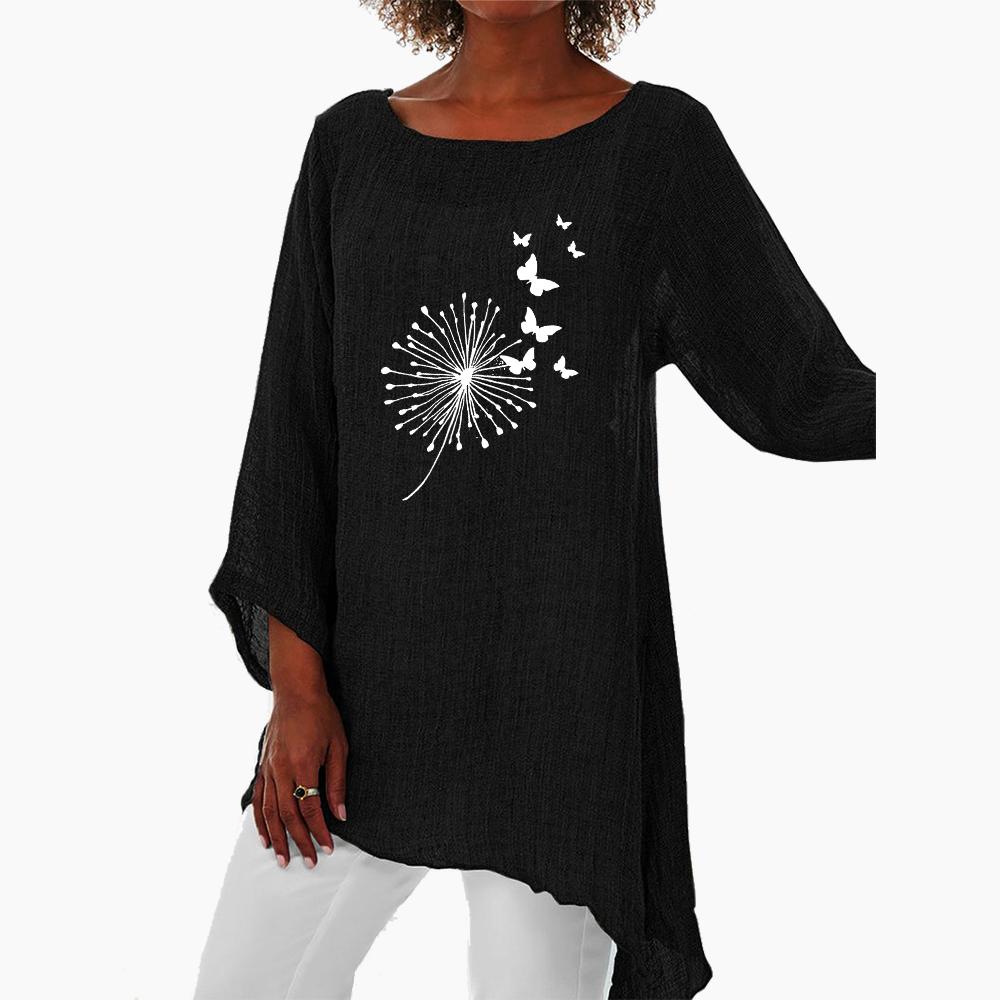 Frauen Casual Print 3/4 Langarm Dünne Top Mode Lose Hemd Plus Größe Rundhals Leinen Hemd