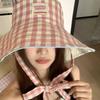 1pc Retro Ins Sweet Plaid Tie Strap Bucket Hat for Women,Summer Big Brim Double Sided Sun Caps Travel Versatile Fisherman Hats