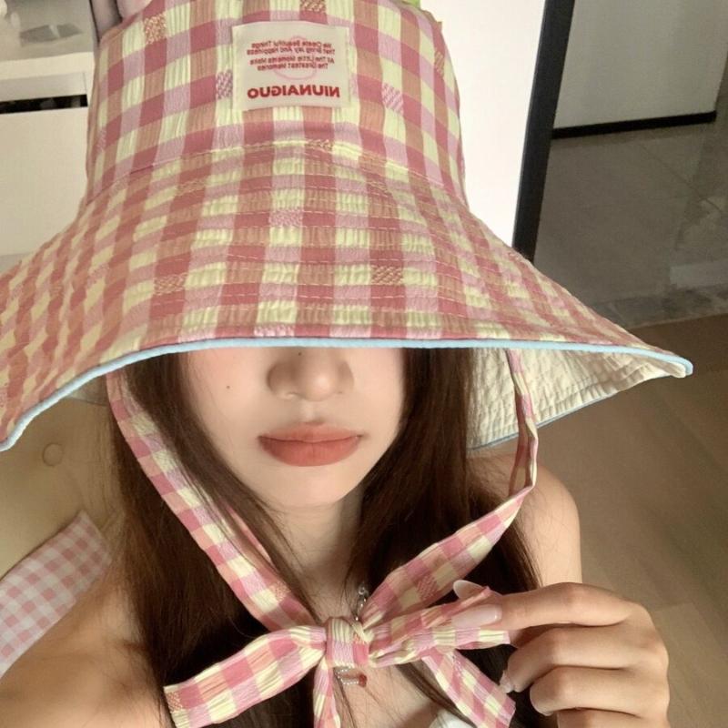 1pc Retro Ins Sweet Plaid Tie Strap Bucket Hat for Women,Summer Big Brim Double Sided Sun Caps Travel Versatile Fisherman Hats
