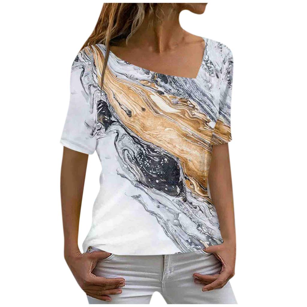 Sommer 3D-gedruckte Marmor Tie Dye Serie Damen Casual Schräghals Kurzarm T-Shirt
