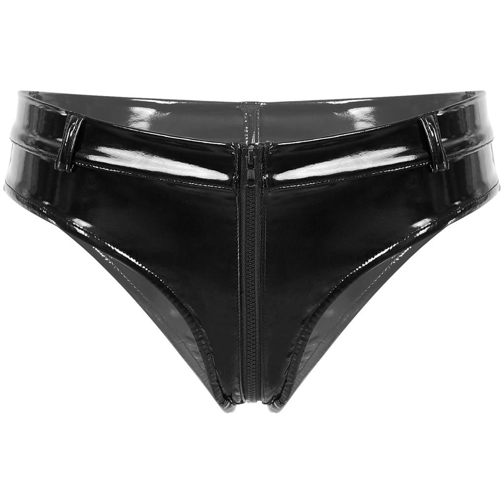 Womens Wet Look Booty Shorts Zipper Crotch Patent Leather Low Waist Hot Pants Clubwear
