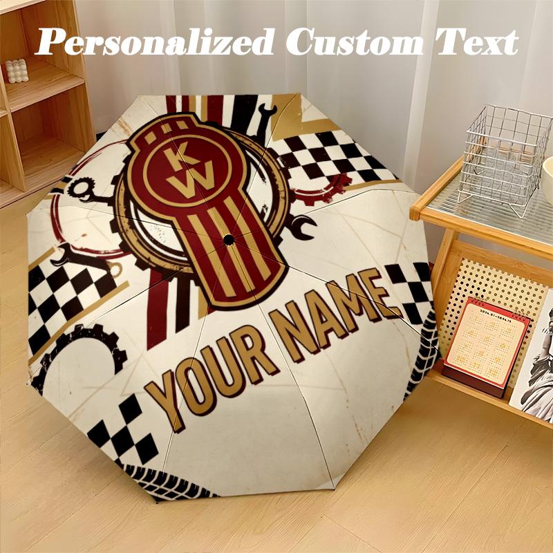 Kenworth Automatic 8‑ribs Umbrella, Custom Name Text Personalized Folding Umbrella Rain Sun Gift