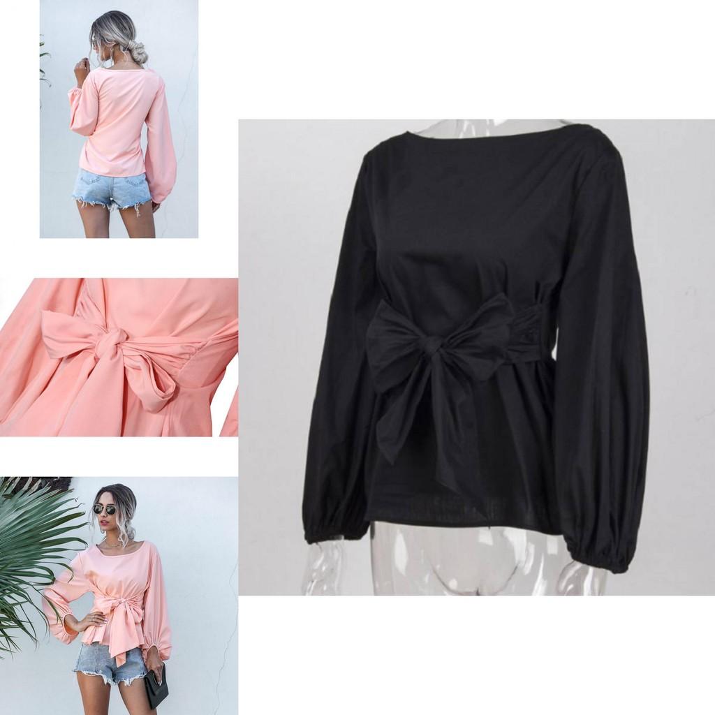 Trendy Loose-fit Chiffon Lantern Sleeve Top With Bowknot For Women Spring
