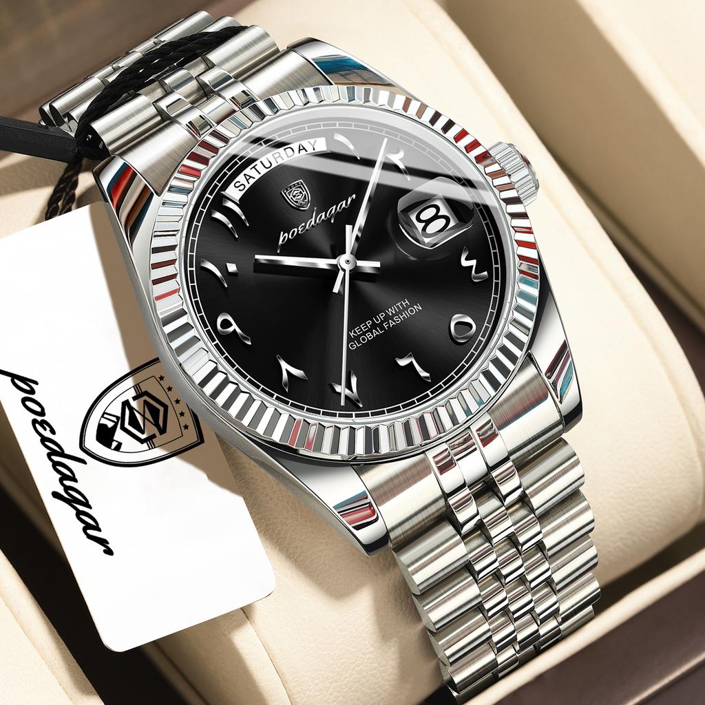 POEDAGAR Fashion High Quality Men Clock Waterproof Date Week Watch for Man Stainless Steel Luxury Quartz Watches + Box