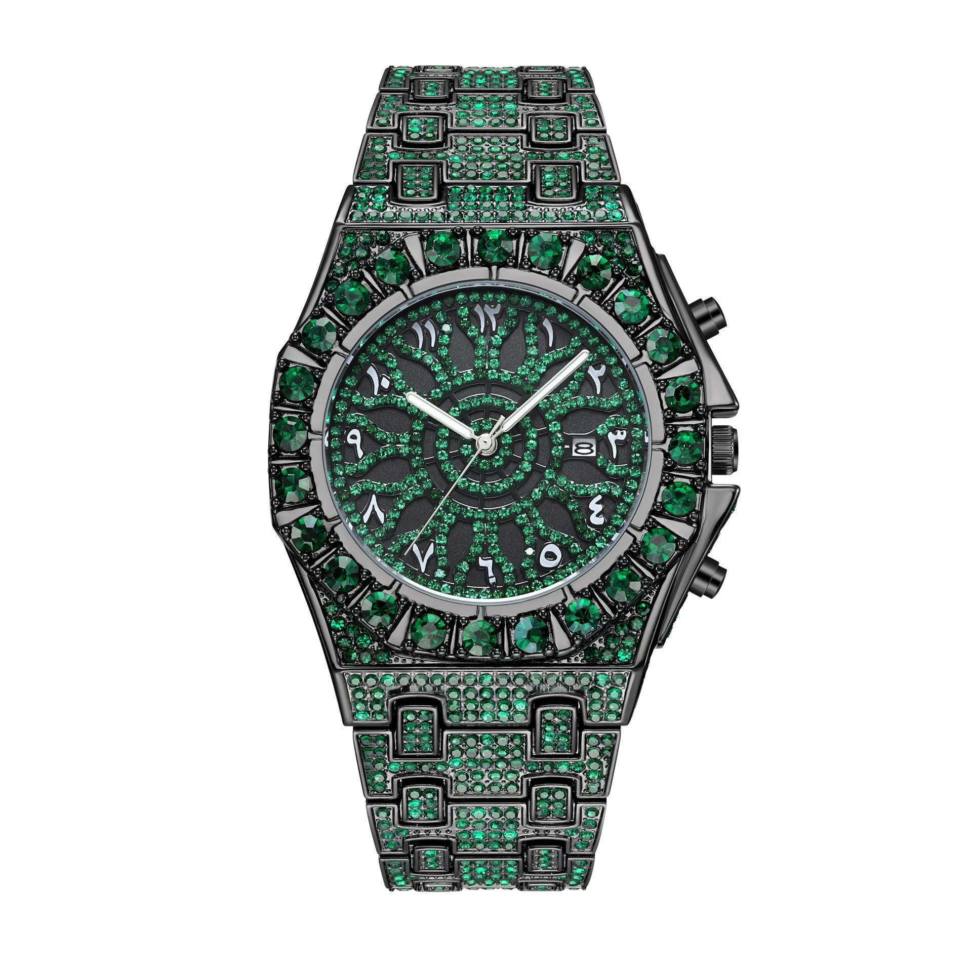 Luxury Lced Out Men Watch Arabic Numeral Dial Quartz Stainless Steel Wristwatch зелёный