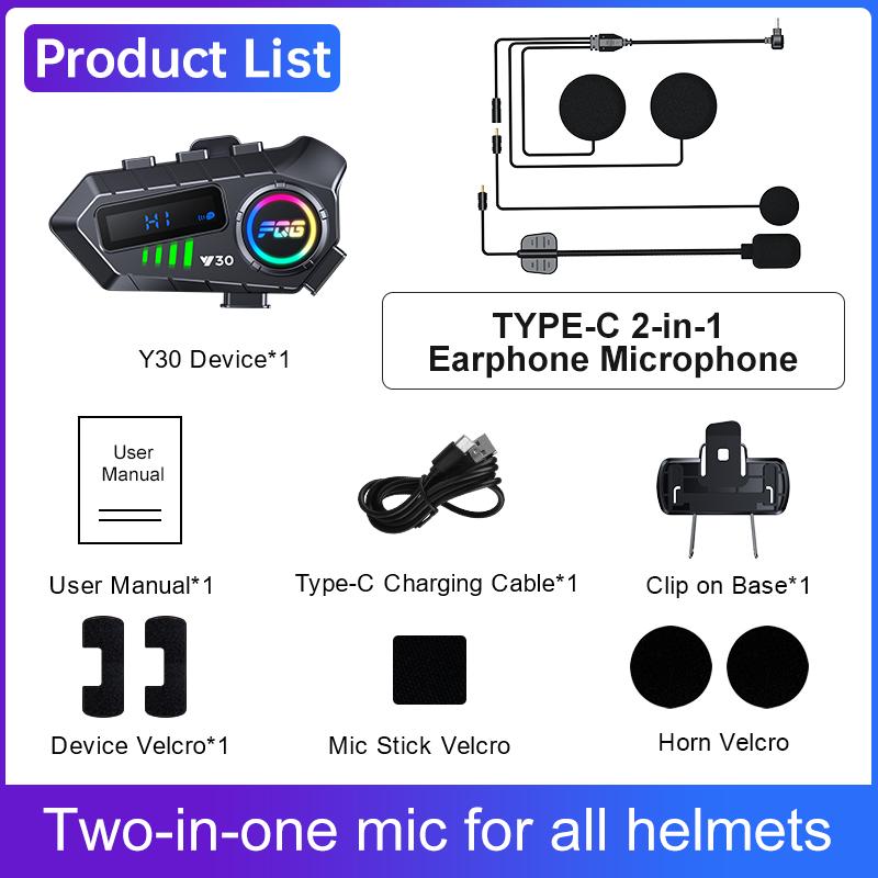 KEBIDUMEI Y30 Motorcycle Intercom Helmet Bluetooth Headset MOTO Communicator Interphone with Flashlight Handsfree Mic Headphone