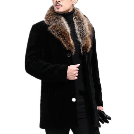 Men Woolen Coat Faux Fur Collar Solid Color Single-breasted Slim Fit Coldproof Top Outwear Autumn Winter Windbreaker Jacket for Daily Wear