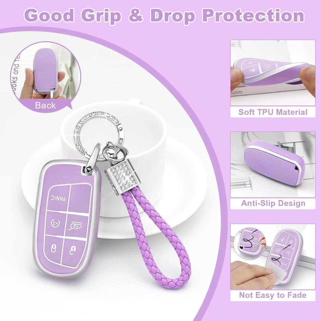 PIFOOG Key Fob Cover for Jeep Cherokee Grand Cherokee Compass Renegade Accessories Purple Bling Keychain 5 Button Car Keys Case Shell Full Covers
