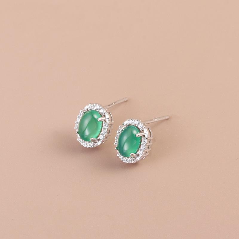 Natural Green Chalcedony & Rhinestone Stud Earrings in S925 Sterling Silver for Women's Elegant Daily Wear