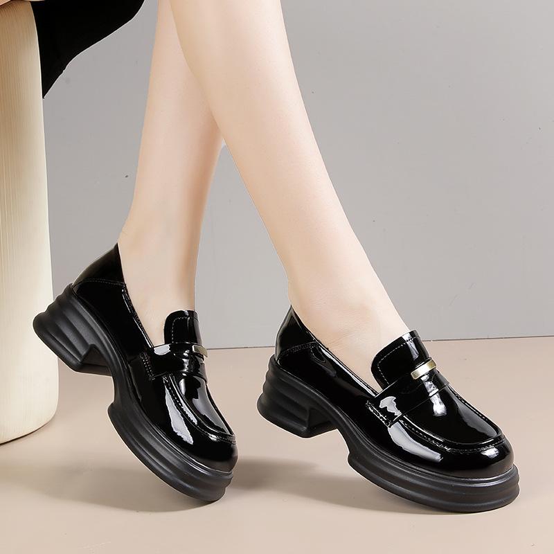 Versatile Black Work Shoes, Leather Shoes, Platform Loafers, Women's Chunky Heel Soft Sole Shoes, Spring and Autumn Women's Shoes
