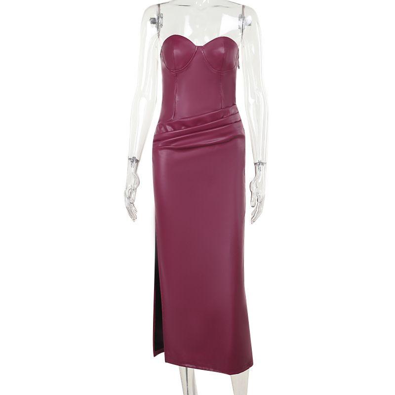 

Western Style Ins New Fashion Gyaru Temperament Slim fit Slim fit Long dress Sexy Backless Leather Split Dress Burgundy L