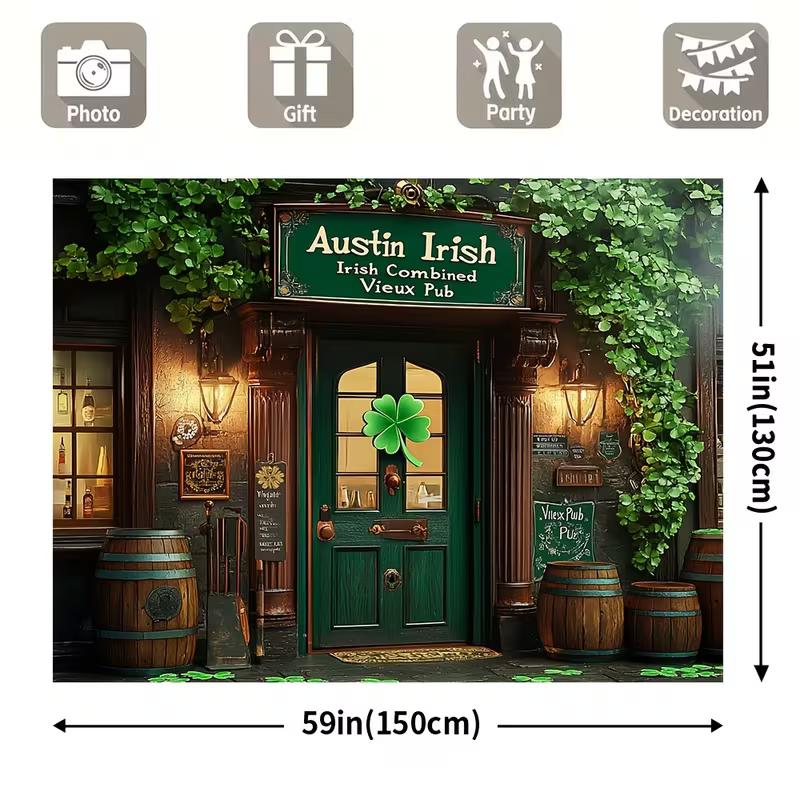 2D Vintage Irische Vieux Pub Fassade Hintergrund mit Grünem Efeu und Klee