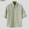 INCERUN Oversized Men Lapel Neck Short Sleeve Crochet Casual Loose Shirts