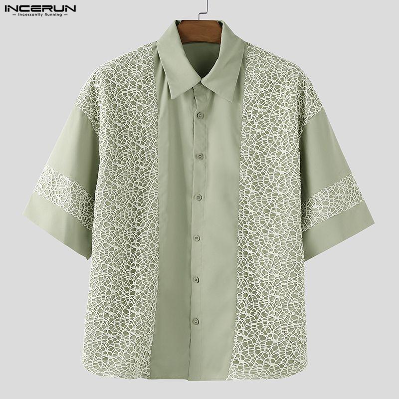 INCERUN Oversized Men Lapel Neck Short Sleeve Crochet Casual Loose Shirts
