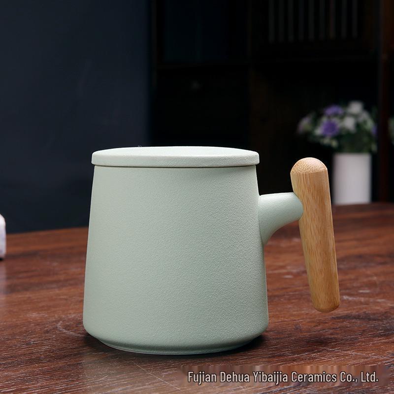 Frosted Ceramic Tea Mug with Bamboo Handle and Lid, Engraved Logo 301-400ml синий