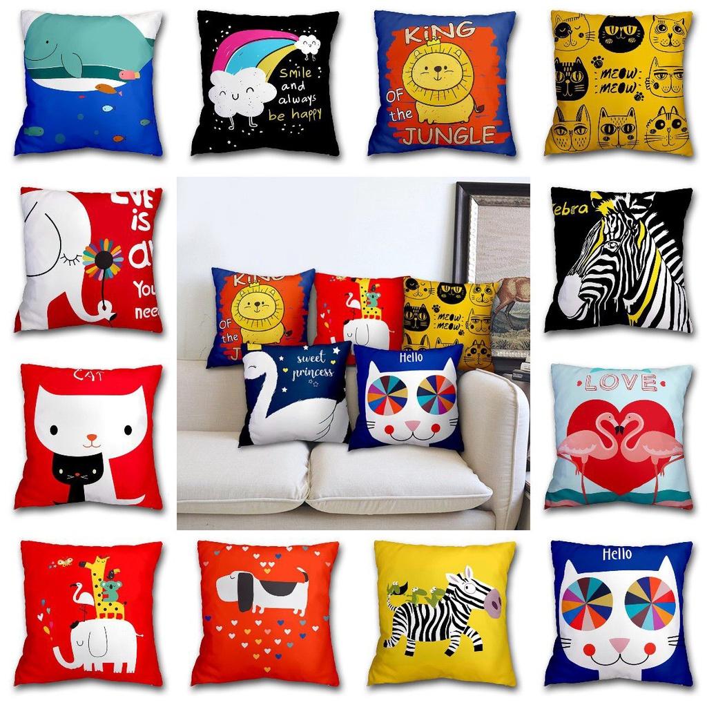 Cartoon Printed Cushion Cover Square Shape Peachskin Fabric For Home Decor