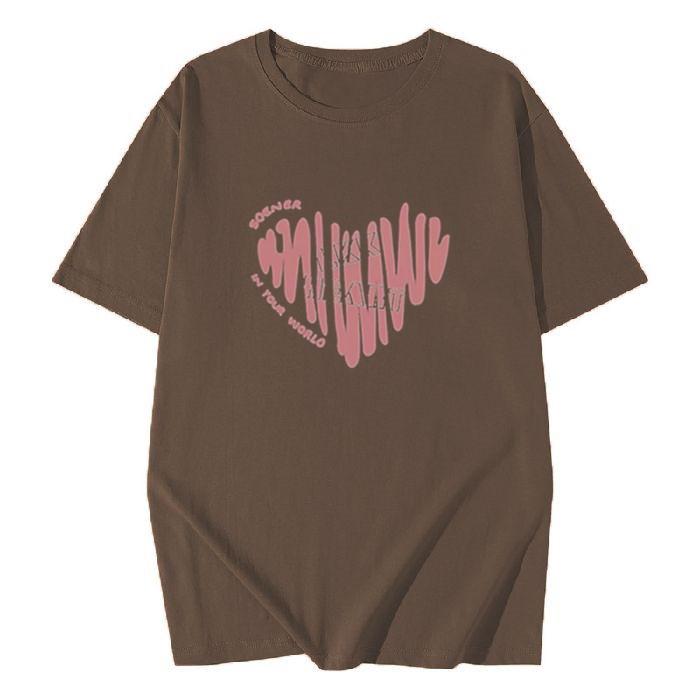Women Plus Size Cotton T-Shirt Summer Short Sleeve Heart Print Mid-Long Loose Casual Pullover Top For 200lbs