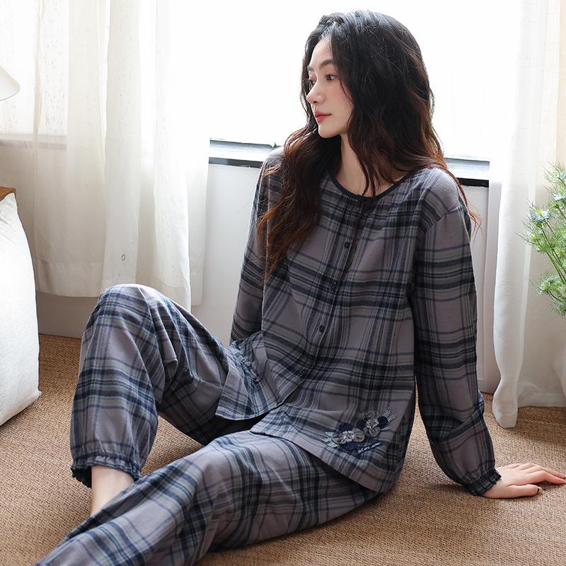 Pajamas women's spring and autumn woven pure cotton long-sleeved thin middle-aged mother autumn cotton loungewear can be worn outside set
