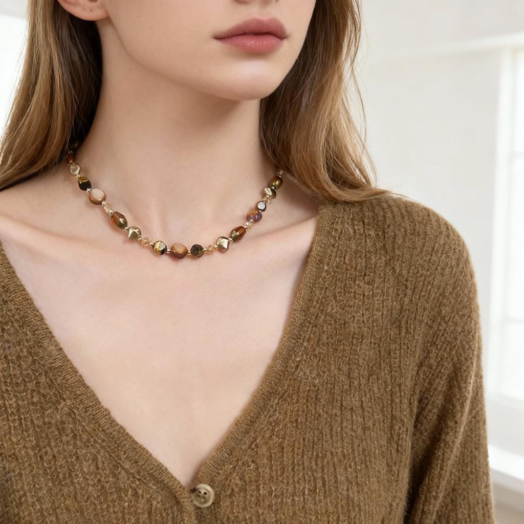 Trendige Perlenkette aus Naturstein für Damen, handgefertigt mit Tigerauge-Stein, Schlüsselbeinkette, ästhetischer Partyschmuck für Mädchen