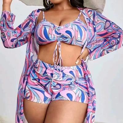 3 Teile/satz Frauen Sexy Bikini Set Druck Sling Bh Hohe Taille Badehose Sonnencreme Strickjacke Set