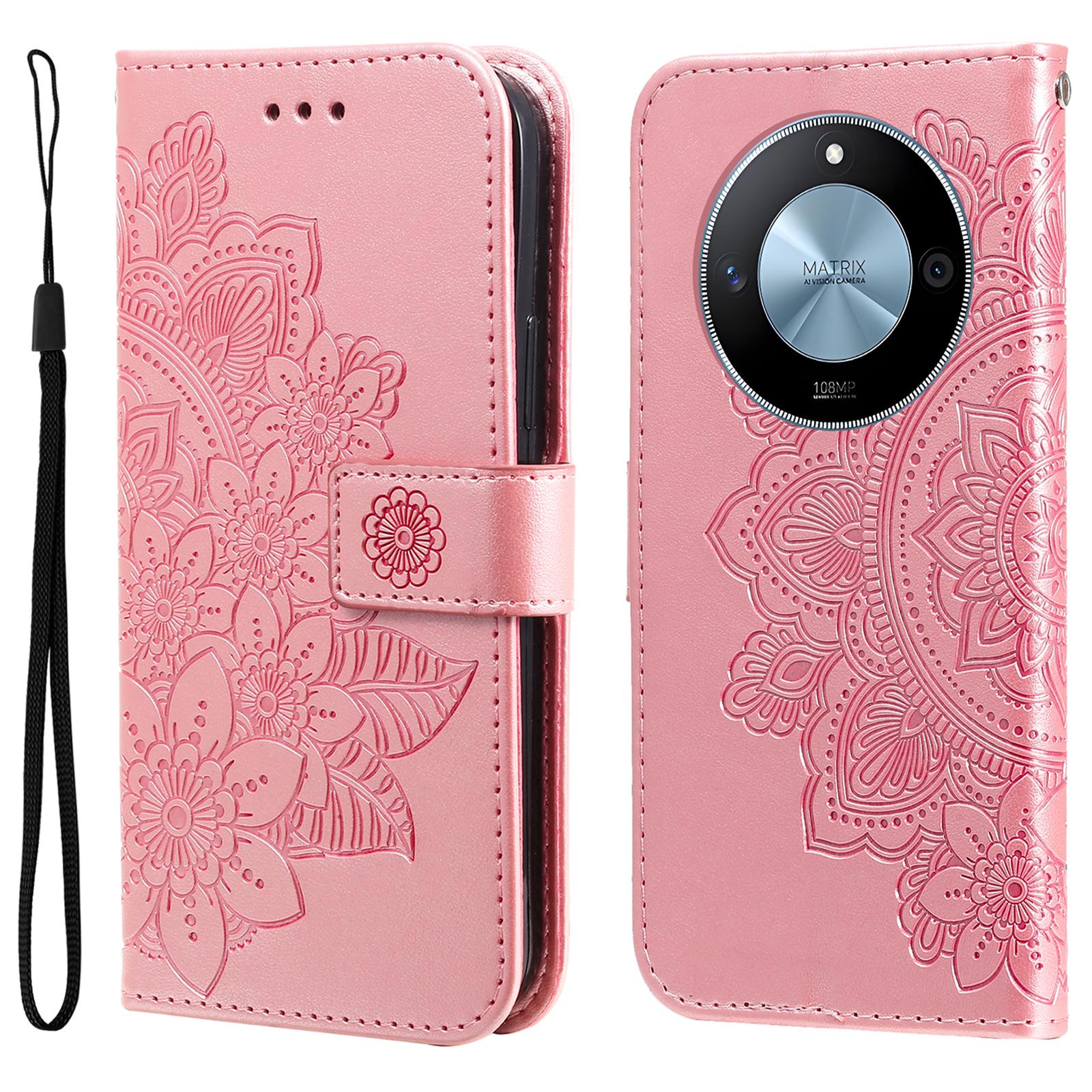 

For Honor X60 5G Case Floral Pattern PU Leather Wallet Stand Phone Cover Pink
