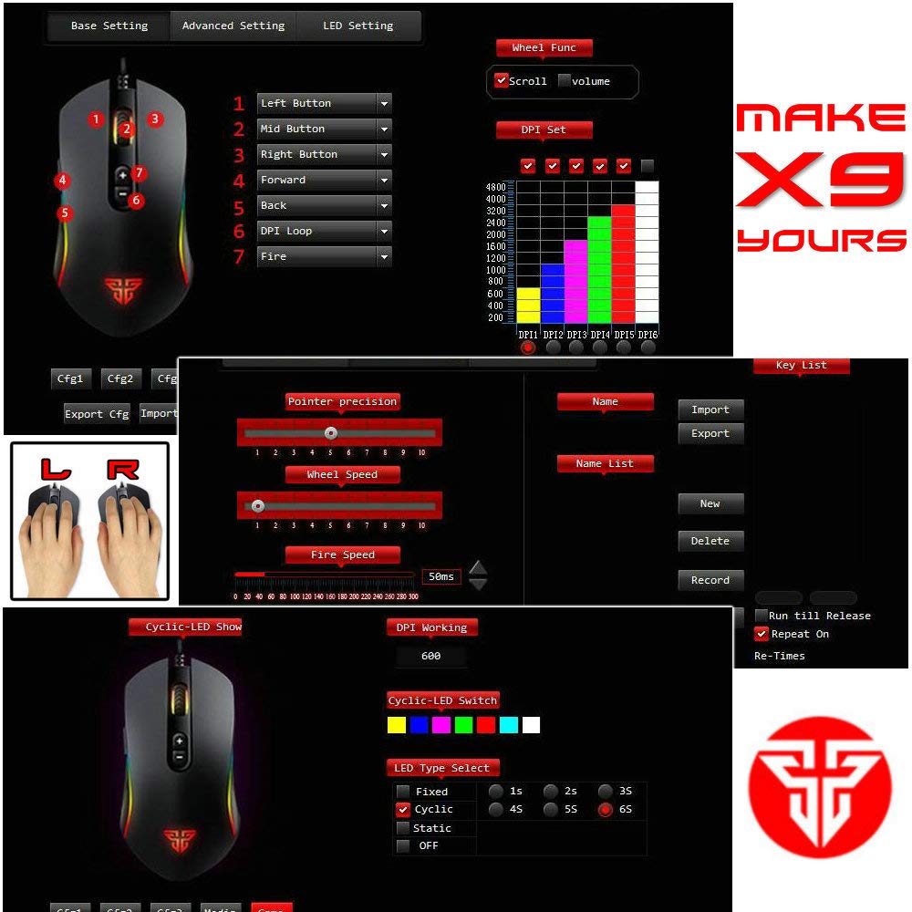 FANTECH Basic Wired Gaming Mouse X9 RGB 7 Butoane Macro Programabile True 4800 DPI Claw Grip Mouse de Gaming Confortabil pentru Începători pentru Windows PC Negru