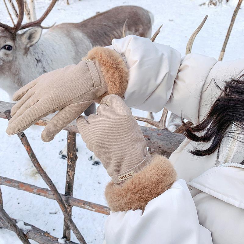 Høykvalitets Dame Semsket Skinn Berøringsskjerm Kjørehanske Vinter Dame Dobbel Tykk Plysj Håndleddsvarm Kasjmir Søt Sykling