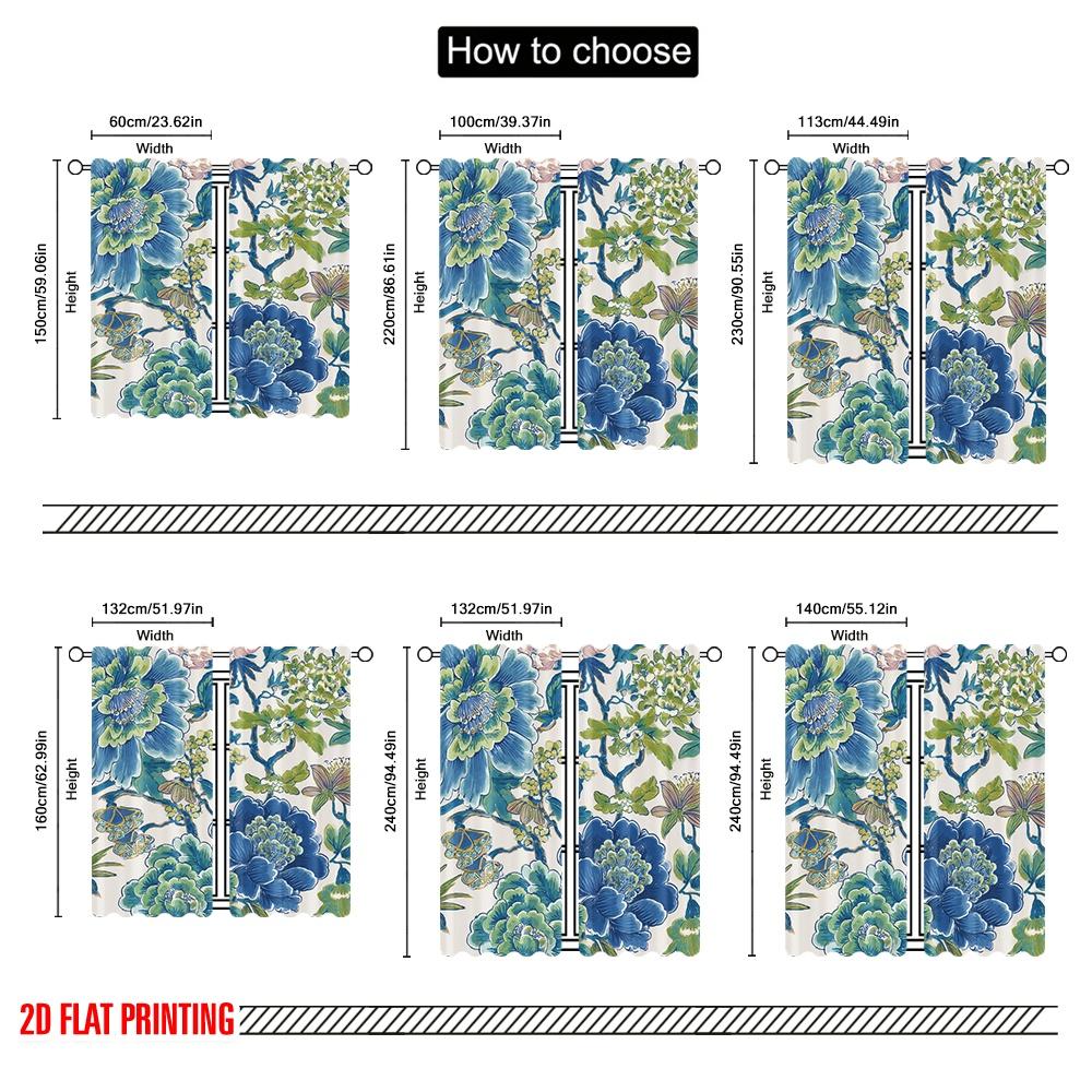 2pcs,2D plane printing Curtains Blue-Green Floral Symphony Versatile Fabric (without rod) Home Decor Ldeal for Kitchen Living