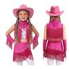 Kinder Mädchen Cowgirl Kostüm Ärmellos Pailletten Strass Fransen Oberteil mit Elastischem Rock Handschuhe Hut Halstuch Lateinischer Tanz Bühnenauftritt Wettbewerb